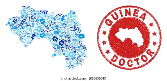 Vector mosaic Republic of Guinea map of healthcare icons, laboratory symbols, and grunge healthcare stamp. Red round stamp with grunge rubber texture and Republic of Guinea map caption and map.
