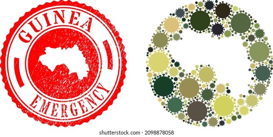 Vector mosaic Republic of Guinea map of covid-2019 elements and grunge EMERGENCY seal.