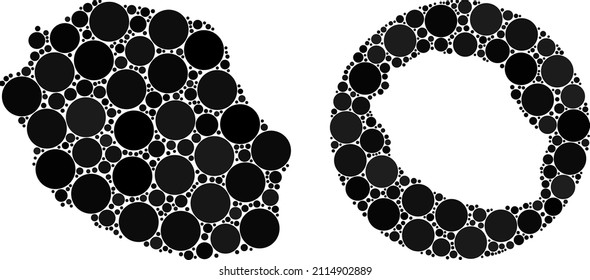 Vector mosaic Reunion Island map of circle items. Mosaic geographic Reunion Island map is constructed as subtraction from round shape with circle elements in black color hues.