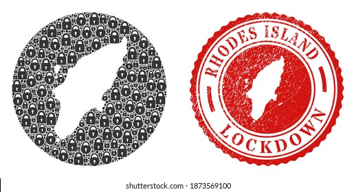 Mosaico vectorial Rhodes Island mapa de cerraduras y grunge sello de sellado LOCKDOWN. Mapa de la isla de Rodas geográfico Mosaico diseñado como esténcil de forma redonda con cerraduras negras.