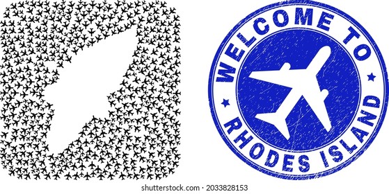 Mosaico vectorial Rhodes Island mapa de los elementos de la mosca aérea y la placa de bienvenida grunge. Mapa de la isla de Rodas geográfico Mosaico construido como una sustracción de forma cuadrada redondeada con transporte aéreo.