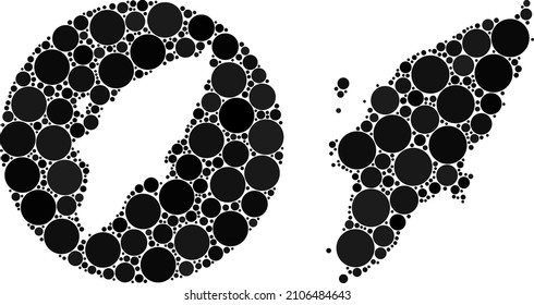 Vector mosaic Rhodes Island map of round elements. Mosaic geographic Rhodes Island map designed as carved shape from round shape with circle elements in black colors.