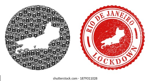 Vector mosaic Rio de Janeiro State map of locks and grunge LOCKDOWN seal stamp. Mosaic geographic Rio de Janeiro State map designed as carved shape from circle with black locks.