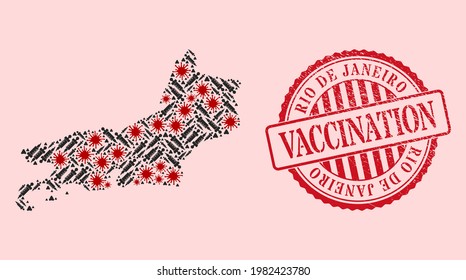 Vector mosaic Rio de Janeiro State map of corona virus, injection icons, and red grunge vaccination seal. Virus particles and injection particles inside Rio de Janeiro State map.