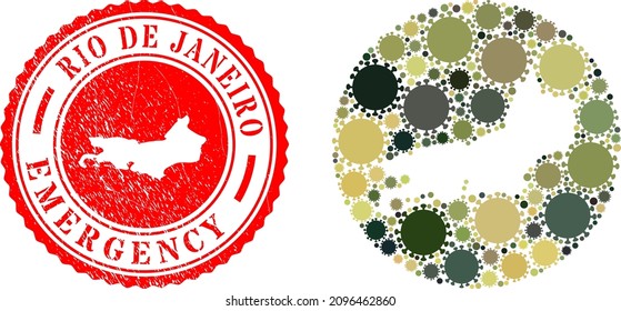 Vector mosaic Rio de Janeiro State map of virus outbreak icons and grunge EMERGENCY badge.