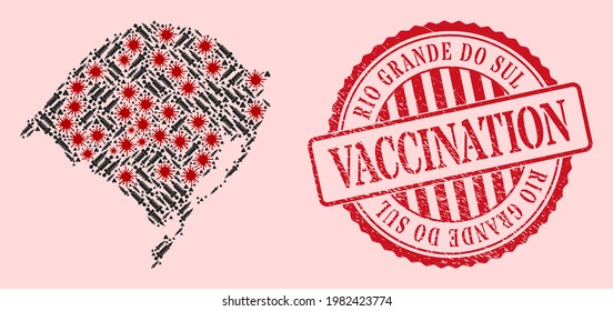 Mosaico vectorial Rio Grande do Sul Mapa del estado del virus de la gripe, íconos de la vacuna y sello de vacunación de grunge rojo. Elementos de virus y vacunas dentro del mapa estatal de Rio Grande do Sul.