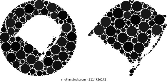 Vector mosaic Rio Grande do Sul State map of spheric elements. Mosaic geographic Rio Grande do Sul State map is created as carved shape from round shape with spheric elements in black color hues.