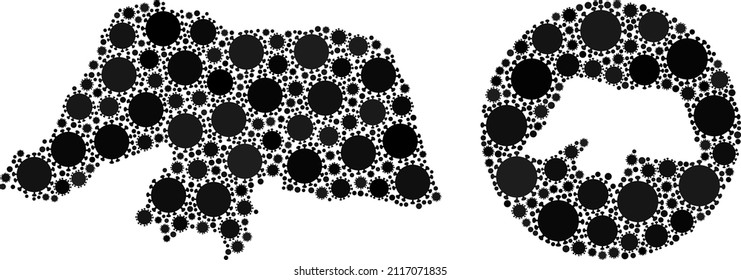 Vektor mosaic Rio Grande do Norte State Karte der viralen Elemente. Mosaik geographische Rio Grande do Norte Staatskarte als geschnitzte Form aus runden Formen mit coviden Elementen in schwarzen Farbtönen.