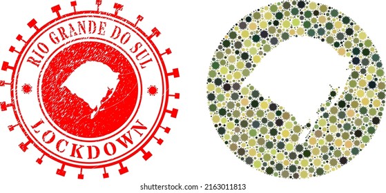Vector mosaic Rio Grande do Sul State map of sars virus elements and grunge LOCKDOWN seal stamp.