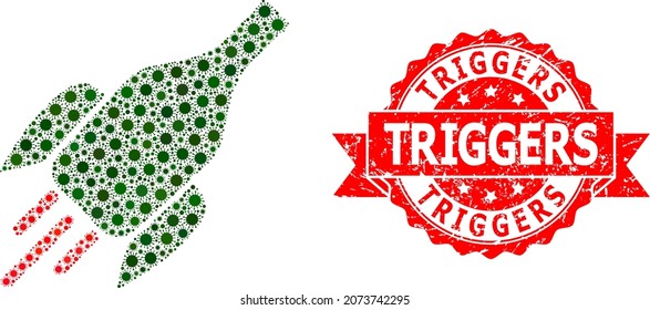 Vector mosaic rocket wine bottle of corona virus, and Triggers unclean ribbon seal imitation. Virus items inside rocket wine bottle mosaic. Red stamp seal includes Triggers text inside ribbon.