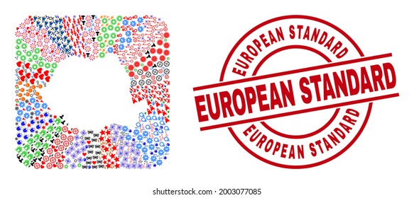Vector mosaic Romania map of different icons and European Standard seal stamp. Collage Romania map created as carved shape from rounded square shape. Red round seal with European Standard caption.