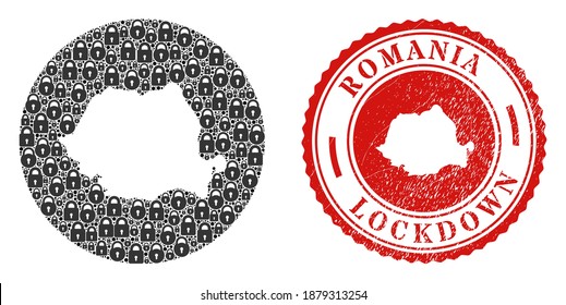 Vector mosaic Romania map of locks and grunge LOCKDOWN stamp. Mosaic geographic Romania map designed as hole from round shape with black locks.