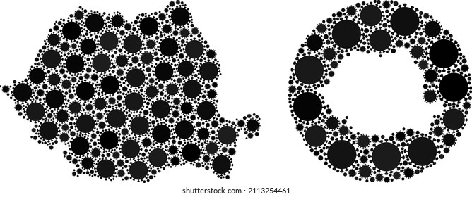 Vector mosaic Romania map of virus outbreak elements. Mosaic geographic Romania map created as stencil from round shape with virus outbreak icons in black color hues.