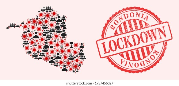 Vector mosaic Rondonia State map of SARS virus, masked people and red grunge lockdown stamp. Virus items and people in masks inside Rondonia State map.