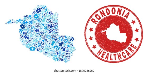 Vector mosaic Rondonia State map of treatment icons, test symbols, and grunge healthcare rubber imitation. Red round imprint with grunge rubber texture and Rondonia State map word and map.