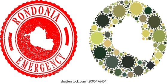 Vector mosaic Rondonia State map of virus icons and grunge EMERGENCY stamp. Mosaic geographic Rondonia State map constructed as stencil from circle with flu virus icons in camouflage military colors.