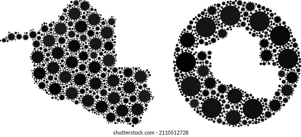 Vector mosaic Rondonia State map of covid items. Mosaic geographic Rondonia State map created as carved shape from round shape with covid infection icons in black color hues.