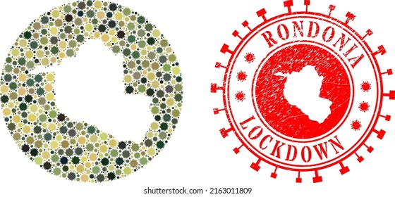 Vector mosaic Rondonia State map of coronavirus elements and grunge LOCKDOWN badge.