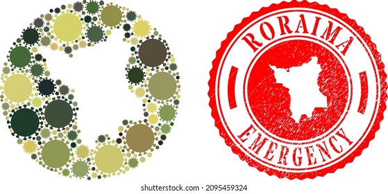 Vector mosaic Roraima State map of covid-2019 elements and grunge EMERGENCY badge.