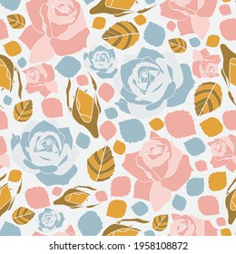 Vector mosaic rose flowers on white background seamless repeat pattern. Great for sweet-themed fabric, wallpaper, scrapbooking projects, packaging.