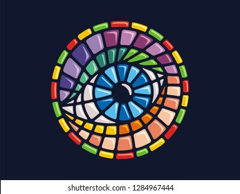 Vector mosaic. Round illustration of the eye. Can be used for application on Souvenirs, dishes, packaging, as well as for stained glass, panels, textiles, and so on.