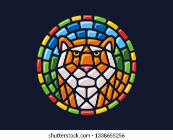 Vector mosaic. Round illustration of a tiger. Can be used for application on Souvenirs, dishes, packaging, as well as for stained glass, panels, textiles, and so on.