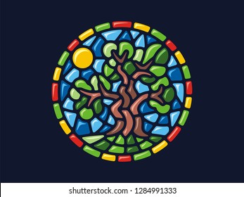 Vector mosaic. Round illustration of a tree. Can be used for application on Souvenirs, dishes, packaging, as well as for stained glass, panels, textiles, and so on.