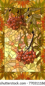 Vector mosaic with rowan branch with berries in vertical stained-glass window frame.