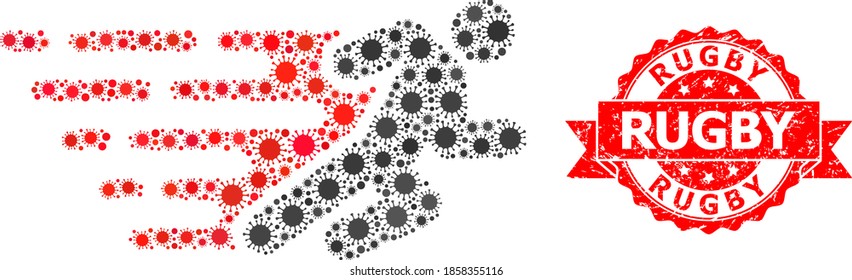 Vector mosaic running man of virus, and Rugby textured ribbon seal print. Virus cells inside running man mosaic. Red seal includes Rugby title inside ribbon.