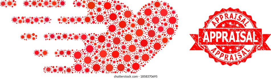 Vector mosaic rush lovely heart of flu virus, and Appraisal unclean ribbon seal imitation. Virus cells inside rush lovely heart mosaic. Red stamp seal contains Appraisal caption inside ribbon.