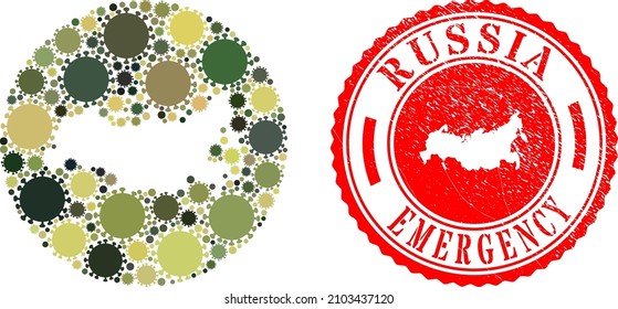 Vector mosaic Russia map of SARS virus icons and grunge EMERGENCY seal stamp.