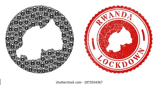 Vector mosaic Rwanda map of locks and grunge LOCKDOWN seal stamp. Mosaic geographic Rwanda map created as stencil from round shape with black locks.