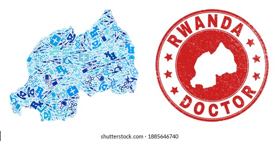 Vector mosaic Rwanda map with syringe icons, analysis symbols, and grunge healthcare imprint. Red round watermark with scratched rubber texture and Rwanda map tag and map.