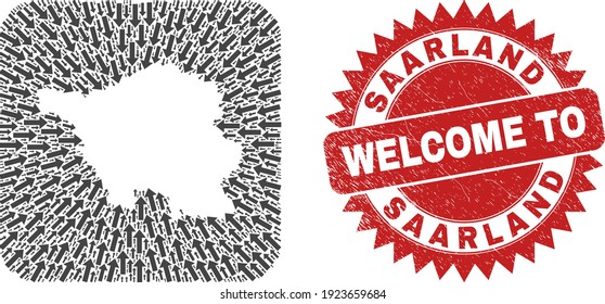 Vector mosaic Saarland Land map of movement arrows and grunge Welcome stamp. Collage geographic Saarland Land map created as carved shape from rounded square shape with motion arrows.