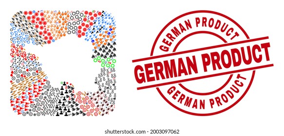Vector mosaic Saarland Land map of different symbols and German Product seal stamp. Mosaic Saarland Land map constructed as subtraction from rounded square shape.