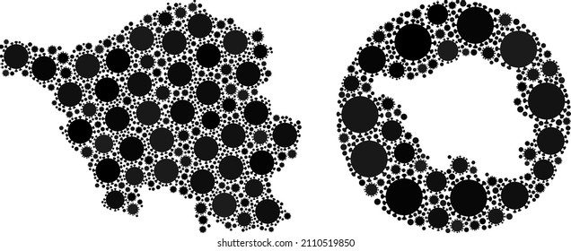 Mosaico vectorial Tierra Sarre mapa de iconos del coronavirus. Mapa geográfico mosaico de la Tierra Sarre construido como forma tallada de forma redonda con elementos de virus cómodos en colores negros.