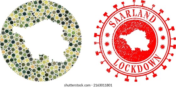 Vector mosaic Saarland Land map of covid infection elements and grunge LOCKDOWN badge.