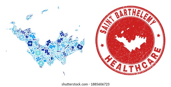Vector mosaic Saint Barthelemy map with injection icons, analysis symbols, and grunge healthcare rubber imitation. Red round stamp with grunge rubber texture and Saint Barthelemy map caption and map.