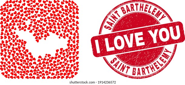 Mapa de mosaico vectorial de San Bartolomé de objetos valentinos del corazón y sello de sello de sello de amor grunge.