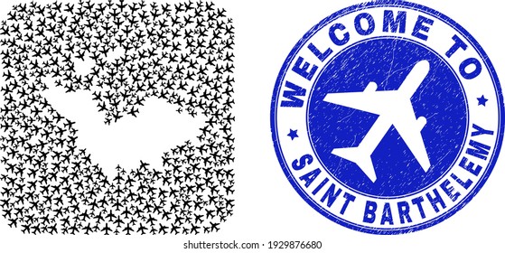 Vector mosaic Saint Barthelemy map of airlines items and grunge Welcome stamp. Mosaic geographic Saint Barthelemy map designed as stencil from rounded square shape with aircrafts.