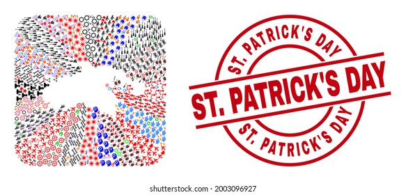 Vector mosaic Saint John Island map of different pictograms and St. Patrick'S Day stamp. Mosaic Saint John Island map constructed as carved shape from rounded square shape. Red round stamp with St.