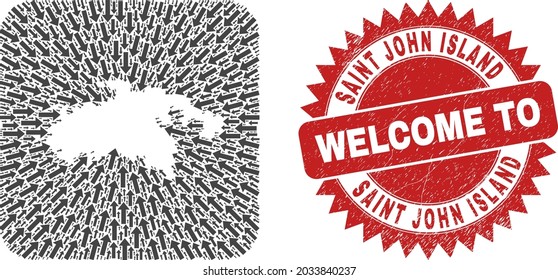 Vector mosaic Saint John Island map of immigration arrows and grunge Welcome seal. Mosaic geographic Saint John Island map constructed as subtraction from rounded square shape with pointer arrows.