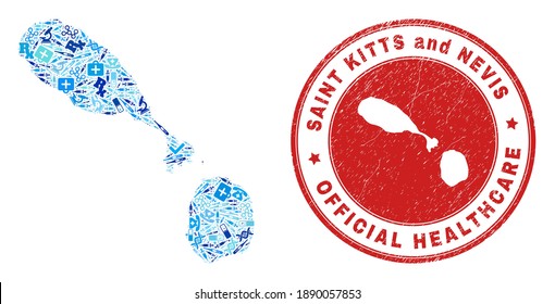 Vector mosaic Saint Kitts and Nevis map with medical icons, first aid symbols, and grunge health care watermark.