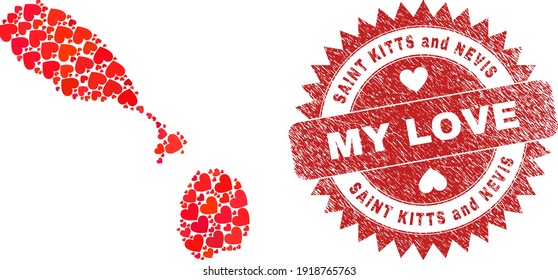 Mosaico vectorial Saint Kitts y Nevis mapa de los ítems valentinos del corazón y grunge la insignia de mi amor. Mapa geográfico collage de Saint Kitts y Nevis creado con corazones de amor.