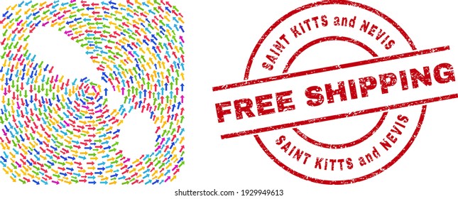 Mosaico vectorial de Saint Kitts y Nevis mapa de flechas de entrega y sello de envío libre de grunge.