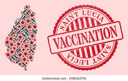 Vector mosaic Saint Lucia Island map of corona virus, vaccine icons, and red grunge vaccine seal. Virus items and vaccine needles inside Saint Lucia Island map.