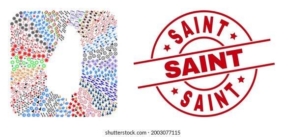 Vector mosaic Saint Lucia Island map of different symbols and Saint seal stamp. Mosaic Saint Lucia Island map designed as hole from rounded square. Red round seal with Saint word.