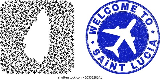 Vector mosaic Saint Lucia Island map of air shipping items and grunge Welcome seal. Mosaic geographic Saint Lucia Island map created as carved shape from rounded square shape using air trips.