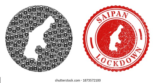 Vector mosaic Saipan Island map of locks and grunge LOCKDOWN stamp. Mosaic geographic Saipan Island map designed as subtraction from circle with black locks.
