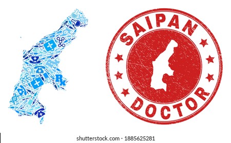 Vektor Mosaik Saipan Island Karte mit Ikonen für Injektionszwecke, Analysesymbolen und grunge Gesundheitskautschuk-Imitation. Roter Runddruck mit grunge Kautschuk Textur und Saipan Island Karte und Karte.